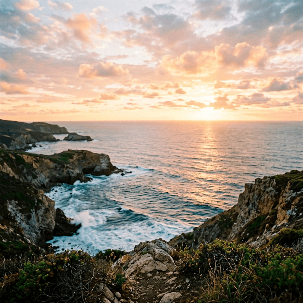 Woman standing barefoot on cliff edge with arms raised toward sunset over ocean